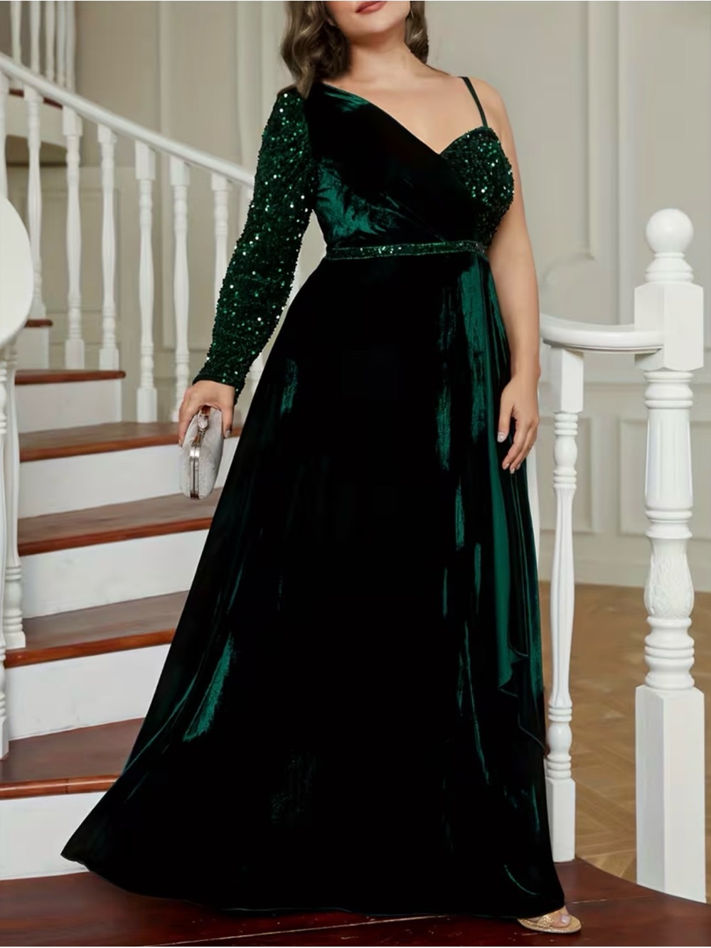 Plus size One-Shoulder Emerald Green Velvet Evening Dress 3XL